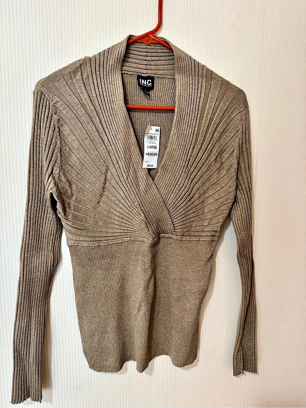I.N.C. Surplice Rib Top. Ribbed V-Neck Top in Brown Size Large NWT